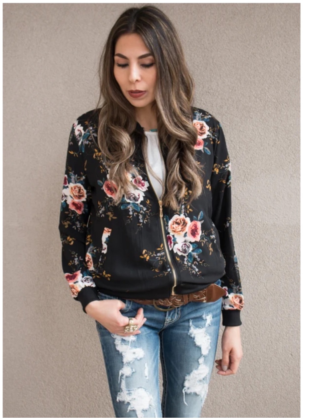 Floral Print Lightweight Bomber Jacket - Black